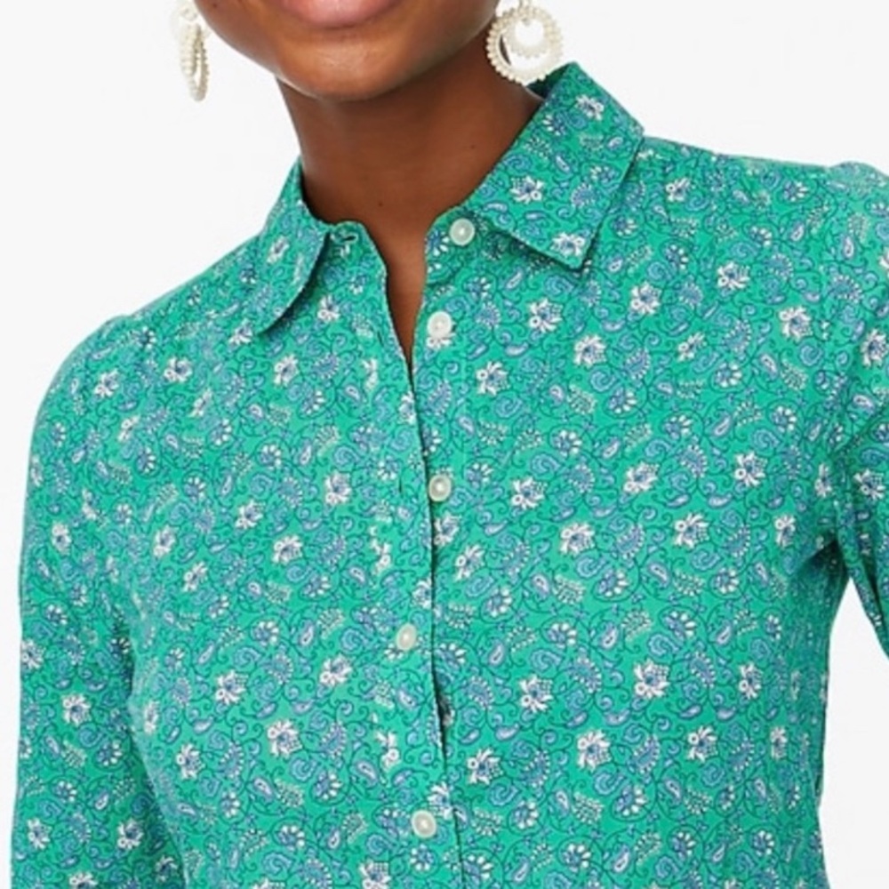 J.Crew Emerald Printed Cotton Mini Shirt Dress (10) - Picture 3 of 5